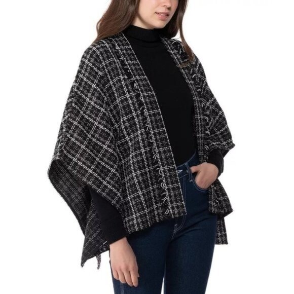 INC Two-Tone Contrast Tweed Kimono Black NWT Black White ONE SIZE - Picture 1 of 2